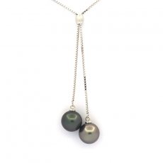 Rhodiated Sterling Silver Necklace and 2 Tahitian Pearls Round C 8.9 mm