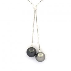 Rhodiated Sterling Silver Necklace and 2 Tahitian Pearls Round C 9.9 mm