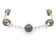 Rhodiated Sterling Silver Bracelet and 5 Tahitian Pearls Round C 9.6 to 9.9 mm