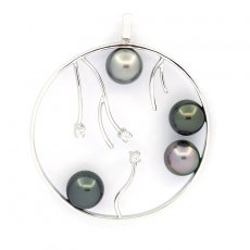 Rhodiated Sterling Silver Pendant and 4 Tahitian Pearls Round C 8 to 8.4 mm