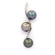 Rhodiated Sterling Silver Pendant and 3 Tahitian Pearls Round C 8.7 to 8.8 mm