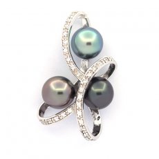 Rhodiated Sterling Silver Pendant and 3 Tahitian Pearls Round C 8.7 mm