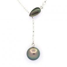 Rhodiated Sterling Silver Necklace and 1 Tahitian Pearl Round B 9.8 mm
