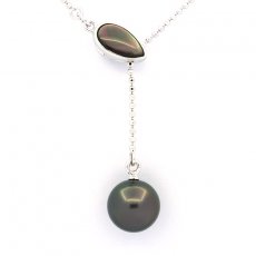 Rhodiated Sterling Silver Necklace and 1 Tahitian Pearl Round B 9.3 mm