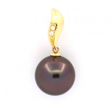 18K solid Gold Pendant + 2 diamonds and 1 Tahitian Pearl Round B 11.8 mm