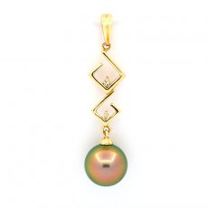 14K solid Gold Pendant + 2 Diamonds and 1 Tahitian Pearl Round B+ 9.2 mm