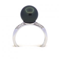 Rhodiated Sterling Silver Ring and 1 Tahitian Pearl Round C 10.5 mm