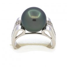 Rhodiated Sterling Silver Ring and 1 Tahitian Pearl Round C 11.8 mm