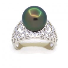 Rhodiated Sterling Silver Ring and 1 Tahitian Pearl Round C+ 11.7 mm