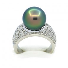 Rhodiated Sterling Silver Ring and 1 Tahitian Pearl Round C+ 11.5 mm