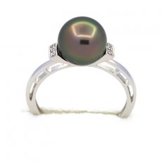 Rhodiated Sterling Silver Ring and 1 Tahitian Pearl Round B 9 mm