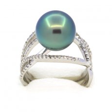 Rhodiated Sterling Silver Ring and 1 Tahitian Pearl Round B/C 11.4 mm