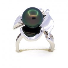 Rhodiated Sterling Silver Ring and 1 Tahitian Pearl Round C+ 10.3 mm