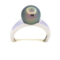 Rhodiated Sterling Silver Ring and 1 Tahitian Pearl Round B 9.5 mm