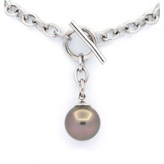 Rhodiated Sterling Silver Bracelet and 1 Tahitian Pearl Round C 10.5 mm