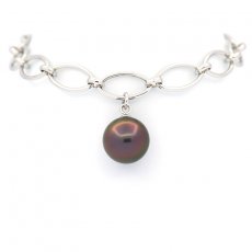 Rhodiated Sterling Silver Bracelet and 1 Tahitian Pearl Round B 10 mm