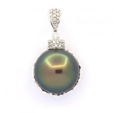 18K Solid White Gold + 35 diamonds and 1 Tahitian Pearl Round B 15.2 mm
