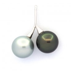 Rhodiated Sterling Silver Pendant and 2 Tahitian Pearls Round C 12.9 & 13 mm