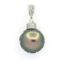18K Solid White Gold + 35 diamonds and 1 Tahitian Pearl Round B 13.9 mm