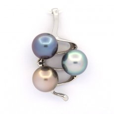 Rhodiated Sterling Silver Pendant and 3 Tahitian Pearls Near-Round C 9.8 to 10 mm