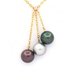 18K solid Gold Necklace and 3 Tahitian Pearls Round B+ 9.1 mm