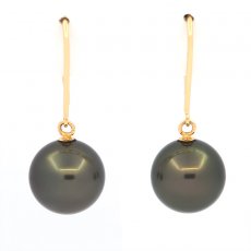 18K solid Gold Earrings and 2 Tahitian Pearls Round B 9.1 mm