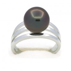 Rhodiated Sterling Silver Ring and 1 Tahitian Pearl Round C 10.4 mm