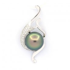Rhodiated Sterling Silver Pendant and 1 Tahitian Pearl Round C 11 mm