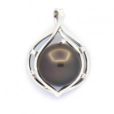 Rhodiated Sterling Silver Pendant and 1 Tahitian Pearl Round C 12.9 mm