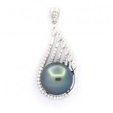 Rhodiated Sterling Silver Pendant and 1 Tahitian Pearl Round C 12.5 mm