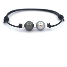 Leather Bracelet and 2 Tahitian Pearls Round C 10.3 mm