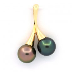 18K solid Gold Pendant and 2 Tahitian Pearls Round B+ 9.5 mm
