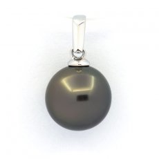 18K solid White Gold Pendant and 1 Tahitian Pearl Round B 9.7 mm