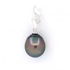 Rhodiated Sterling Silver Pendant and 1 Tahitian Pearl Ringed C 12.2 mm
