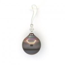 Rhodiated Sterling Silver Pendant and 1 Tahitian Pearl Ringed B/C 12.2 mm