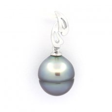 Rhodiated Sterling Silver Pendant and 1 Tahitian Pearl Ringed C 10.7 mm