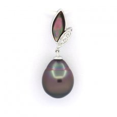 Rhodiated Sterling Silver Pendant and 1 Tahitian Pearl Semi-Baroque B 10.5 mm