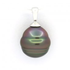 Rhodiated Sterling Silver Pendant and 1 Tahitian Pearl Ringed B 10.6 mm