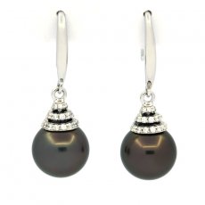 Rhodiated Sterling Silver Earrings and 2 Tahitian Pearls Round C 10.1 mm