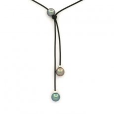 Leather Necklace and 3 Tahitian Pearls Round C 9.3 to 9.7 mm