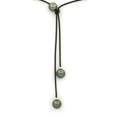 Leather Necklace and 3 Tahitian Pearls Round C 9.5 to 9.8 mm
