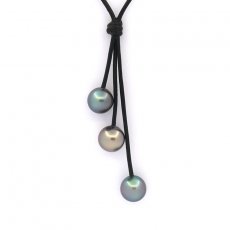 Leather Necklace and 3 Tahitian Pearls Near-Round C from 10.1 to 10.3 mm