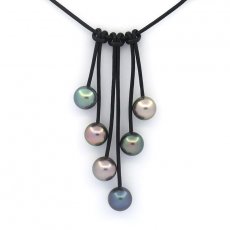 Leather Necklace and 6 Tahitian Pearls Round C 10 to 10.4 mm