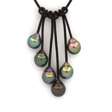 Leather Necklace and 6 Tahitian Pearls Ringed B/C 8.5 to 9.2 mm