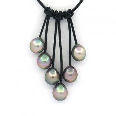 Leather Necklace and 6 Tahitian Pearls Semi-Baroque B/C from 8.7 to 8.8 mm
