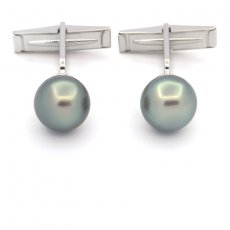 Rhodiated Sterling Silver Cufflinks and 2 Tahitian Pearls Round C 10.6 mm