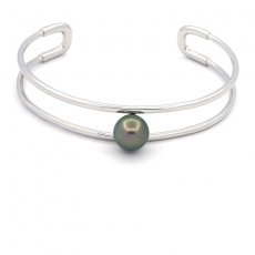 Rhodiated Sterling Silver Bracelet and 1 Tahitian Pearl Round B/C 9.6 mm