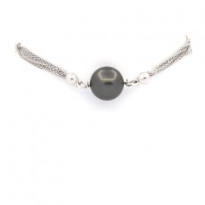 Rhodiated Sterling Silver Bracelet and 1 Tahitian Pearl Round C 9.4 mm