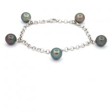 Rhodiated Sterling Silver Bracelet and 5 Tahitian Pearls Semi-Baroque B 8.7 to 9 mm