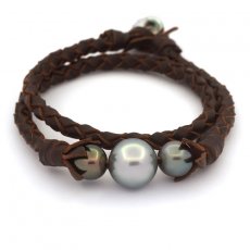 Leather Bracelet and 3 Tahitian Pearls Round C 9.5 to 13.4 mm